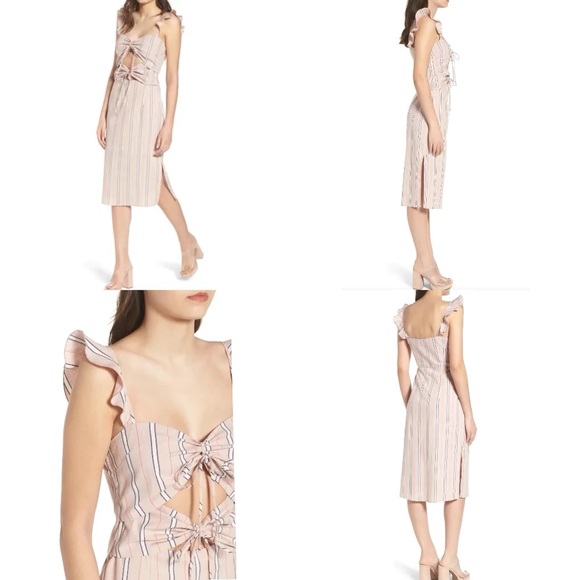 WAYF Verona Cutout Side Slit Midi Dress in Coral Stripe - Picture 2 of 14